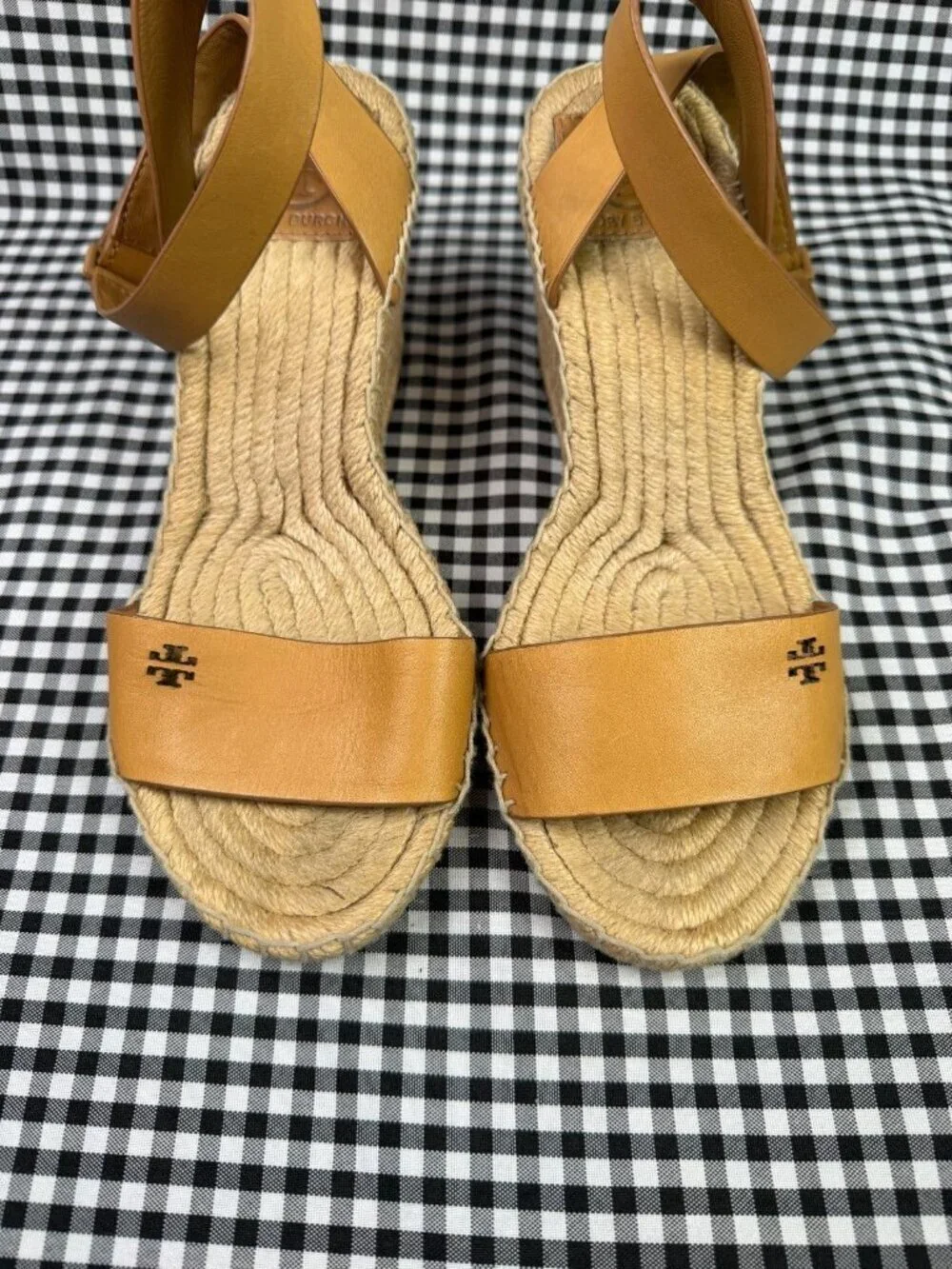 Tory Burch Bima Espadrille Wedge Sandals Tan Leather Ankle Strap Size 6.5